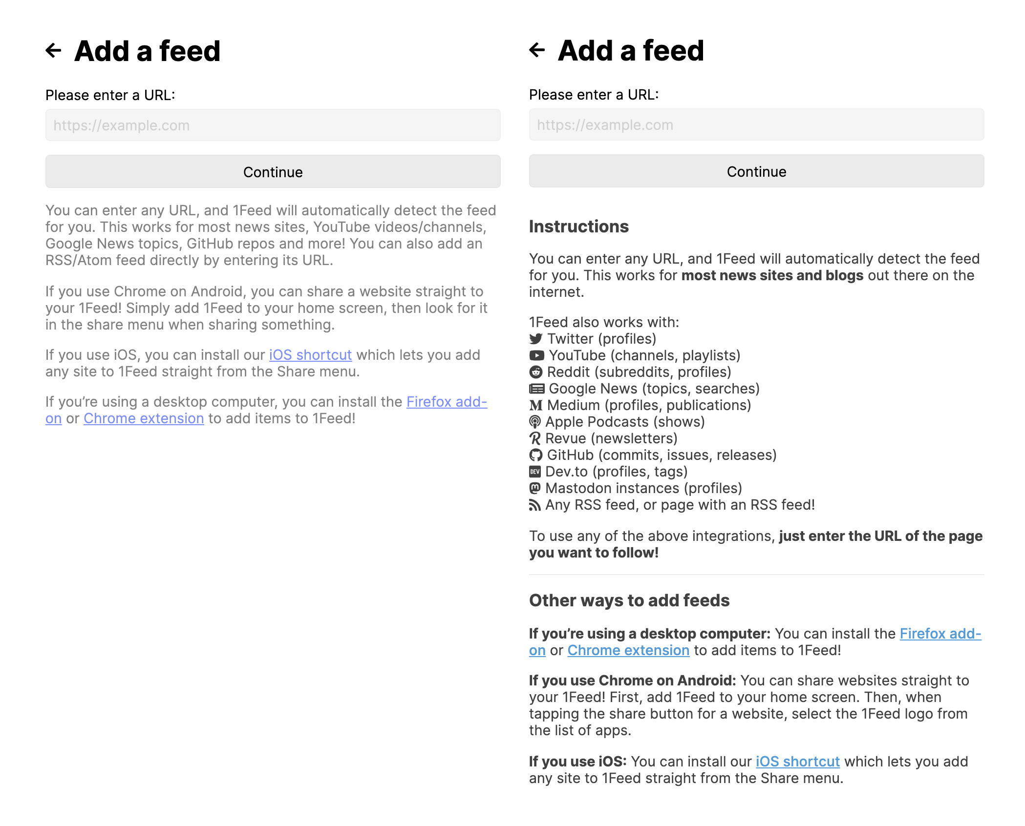 A screenshot of the old and new feed adding instructions