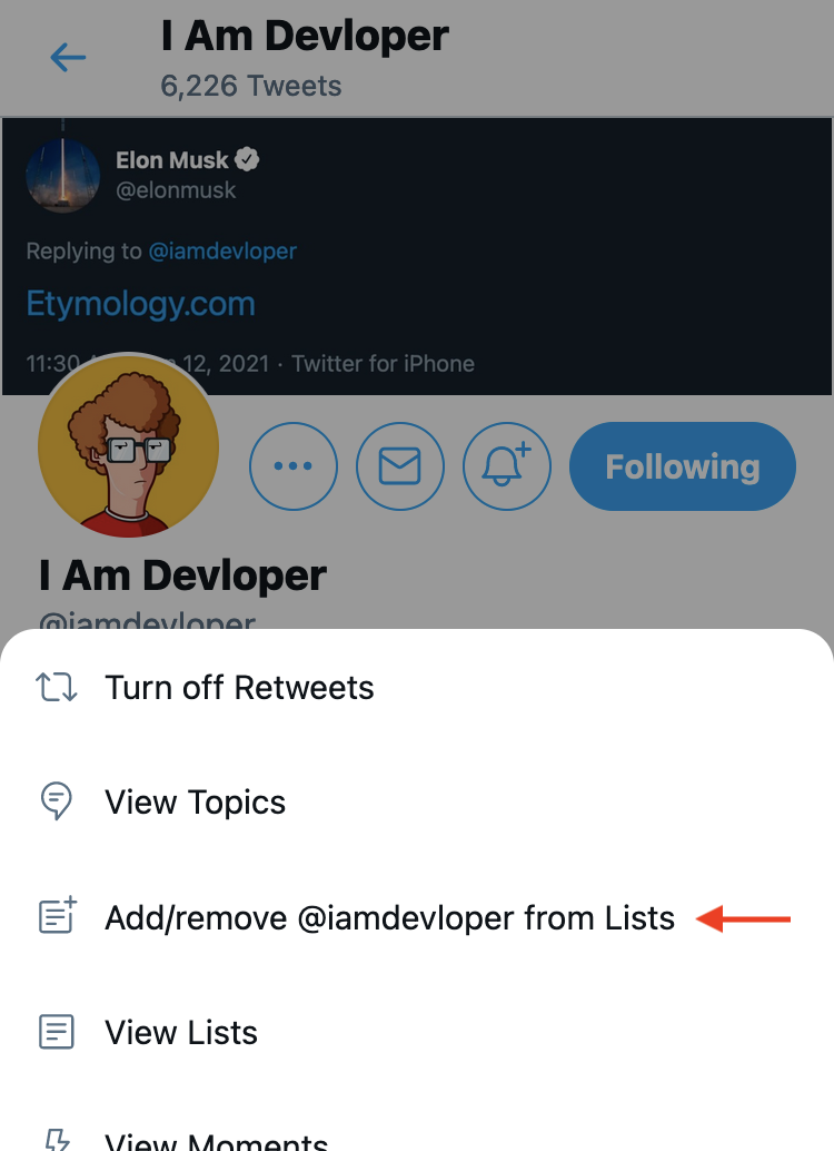 The "Add/remove from Lists" button