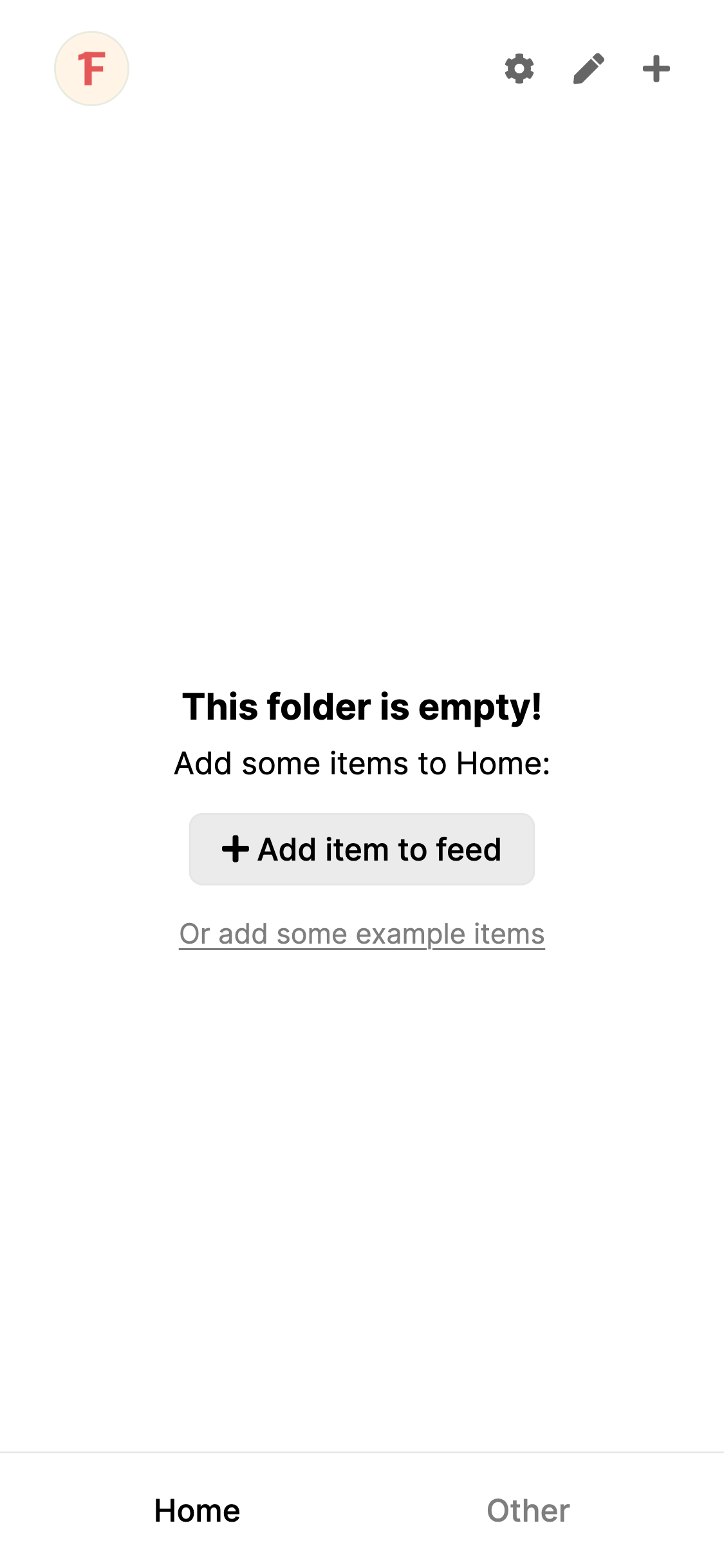 The an empty folder in 1Feed with an "add example items button"