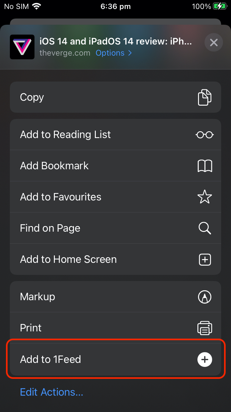 A screenshot of the "Add to 1Feed" shortcut in the iOS share menu