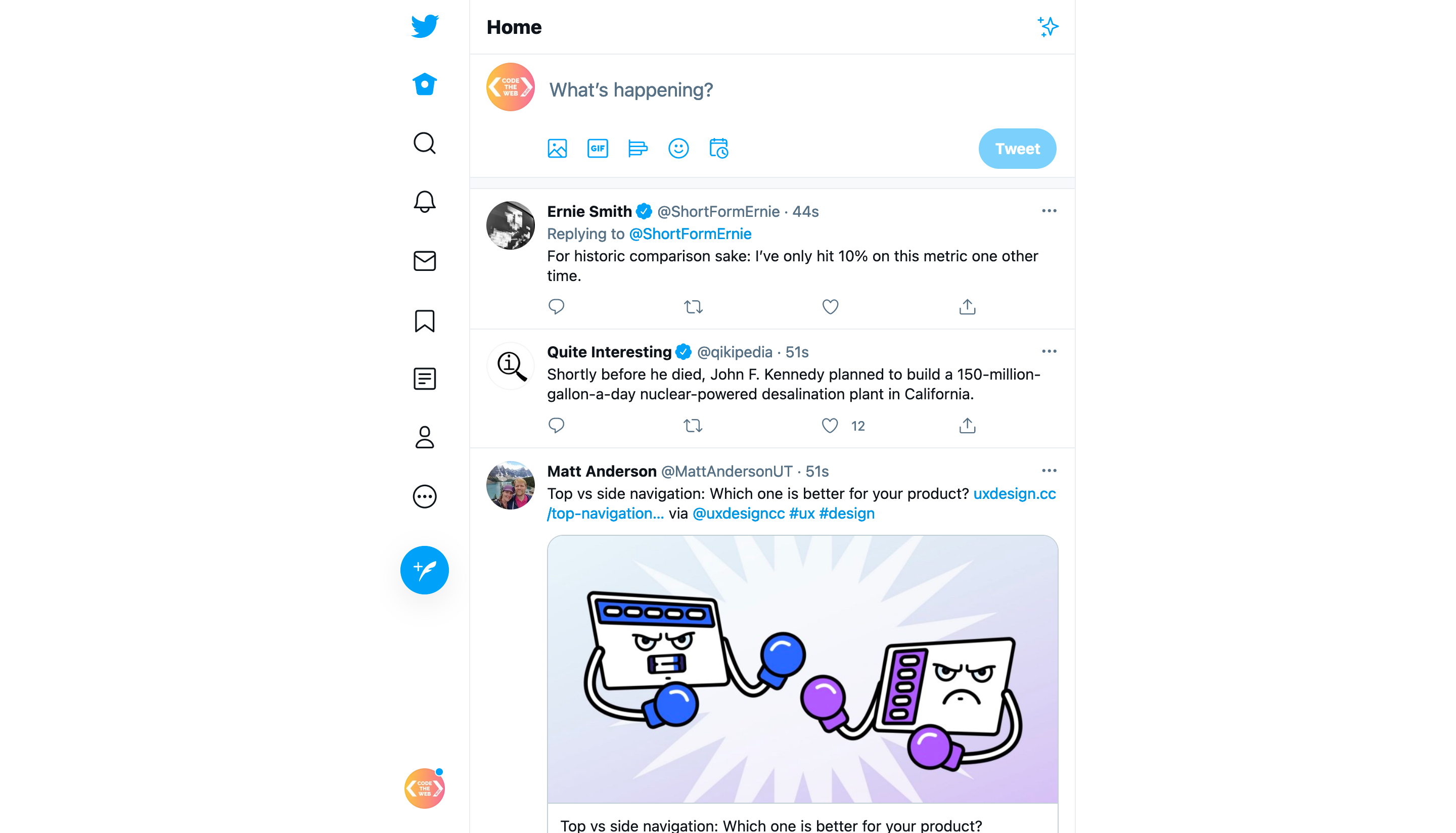 Twitter's home page on desktop (with the Simplified Twitter extension)