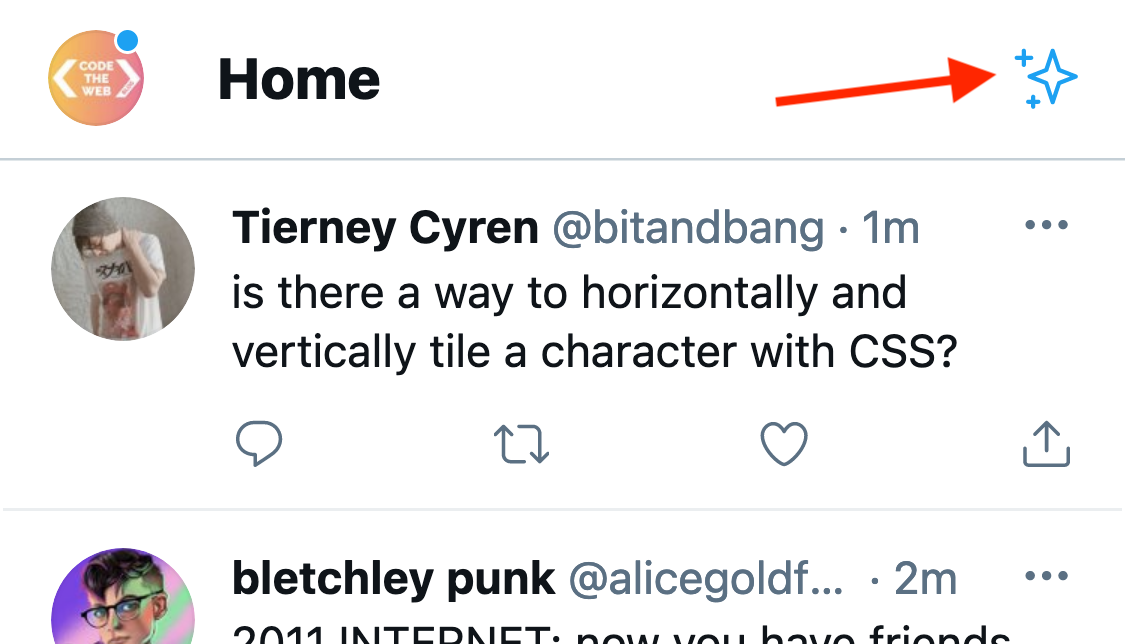 The Twitter 'sparkle' button placement on the web app home screen (top right)